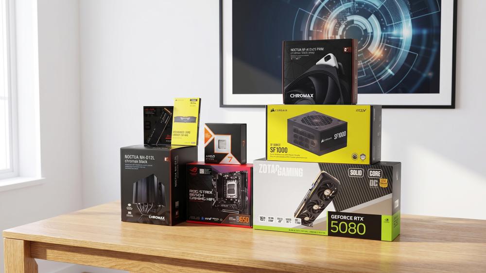 RTX 5080 PC build components including PSU motherboard and CPU