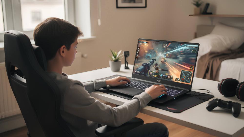 Ryzen 5 gaming laptop setup with keyboard mouse and headset for esports gaming