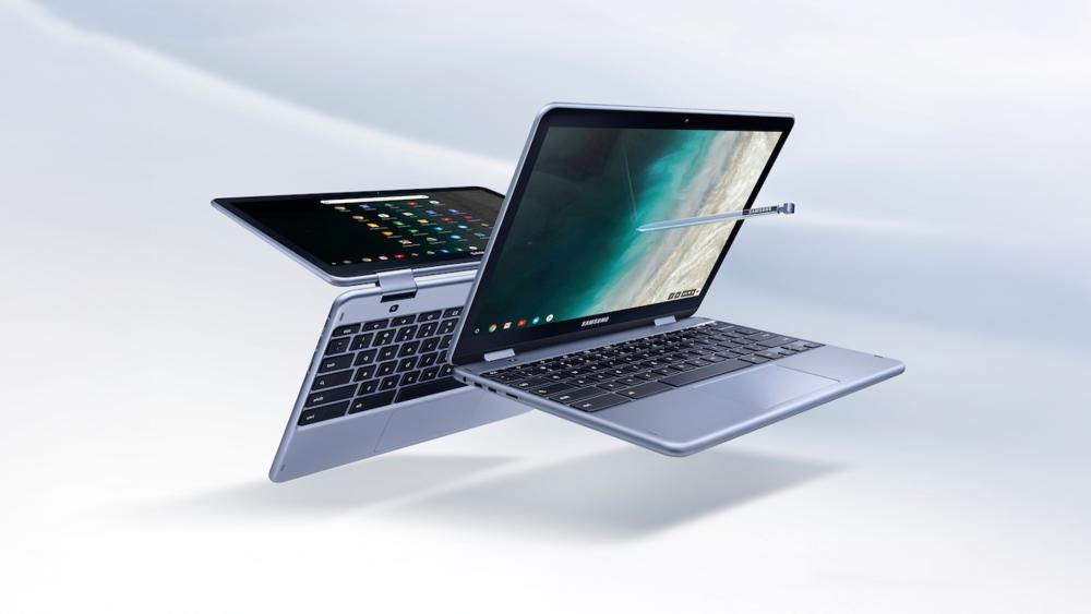 Samsung Chromebook 2-in-1 laptop with touchscreen and stylus shown in multiple modes, highlighting flexible design and portable productivity