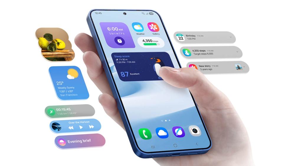 Samsung Galaxy S25 smartphone displaying AI-powered widgets and smart assistant features on the home screen
