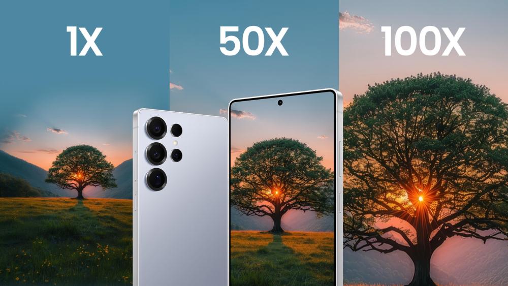 Samsung Galaxy S25 Ultra camera zoom comparison showing 1x, 50x, and 100x optical and digital zoom capabilities
