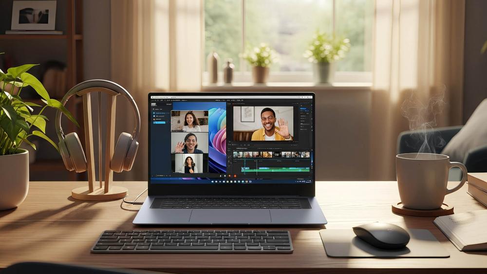 Samsung laptop used for video calls and content editing at a home desk