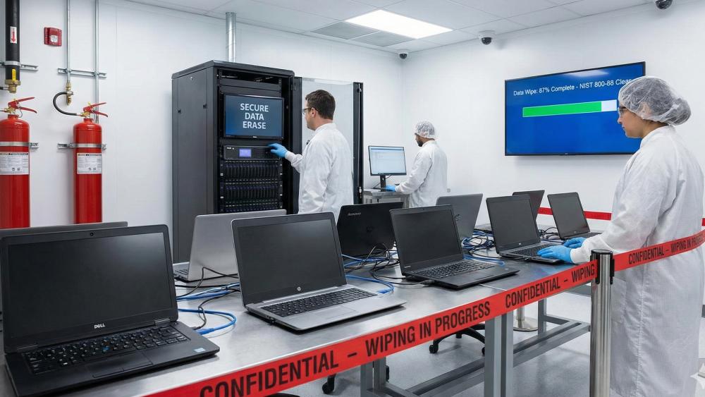 Secure data wiping of laptops in a data erasure lab