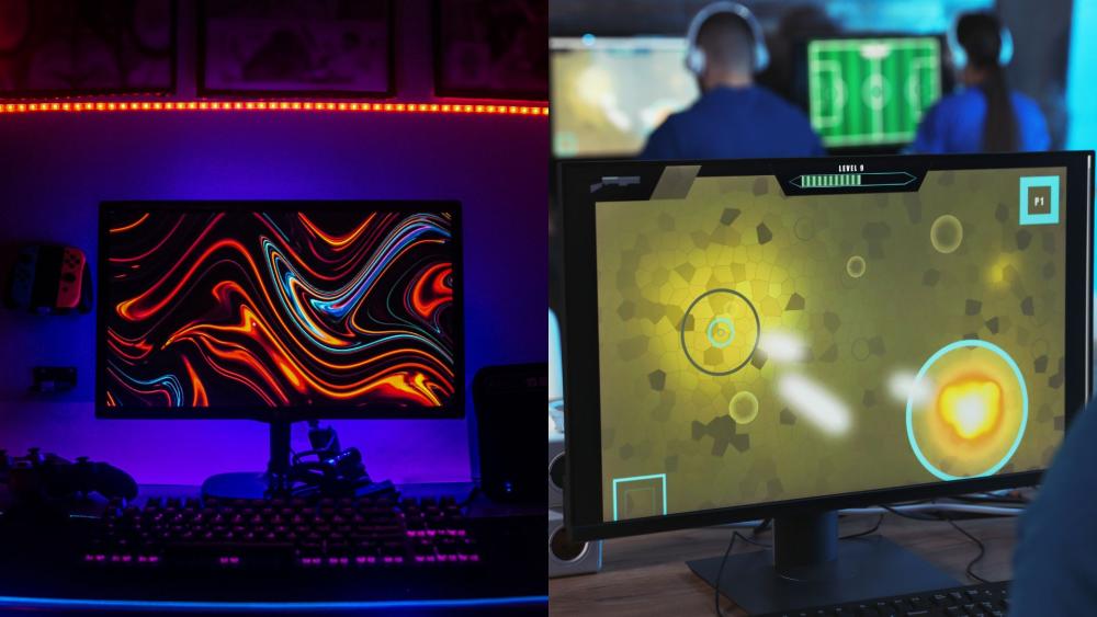 Side-by-side gaming monitors showing differences in colour and clarity