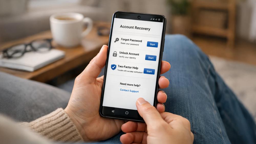 Person holding a smartphone showing an account recovery screen with options to reset password, unlock account, and get two-factor authentication help