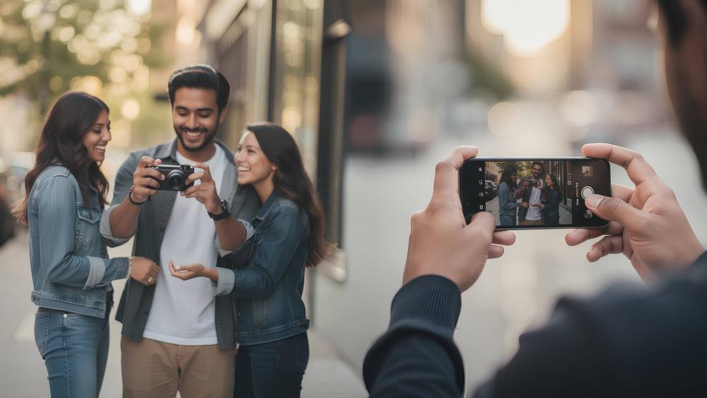 Person using a smartphone to photograph a group of friends comparing photos with a digital camera on a city street