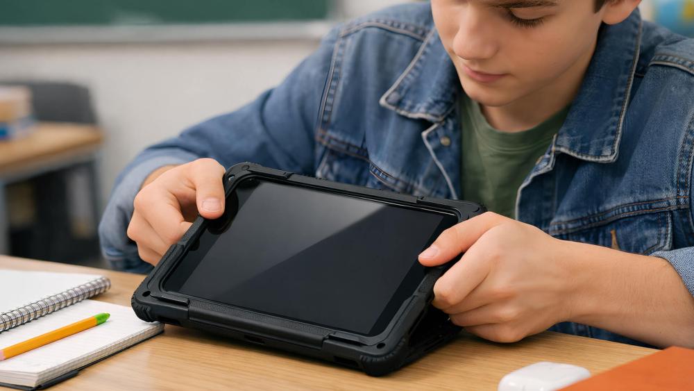 Student fitting a rugged protective case onto a 10-inch tablet