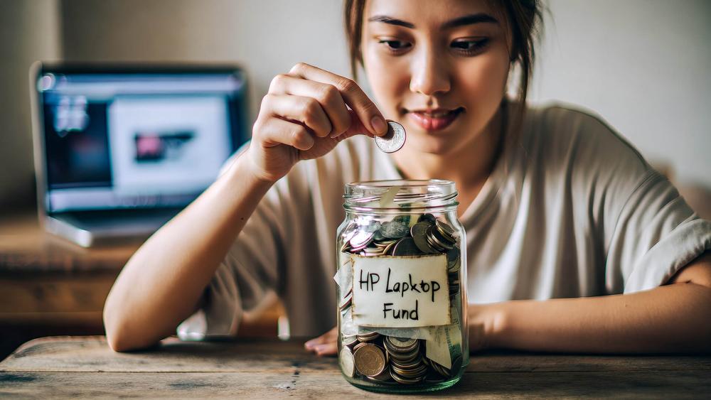 Student placing a coin into a jar labelled “HP Laptop Fund” filled with coins and notes, symbolising saving money for a new laptop.
