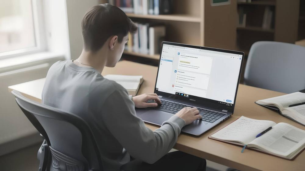 Student using a laptop for writing and study at a desk with notes