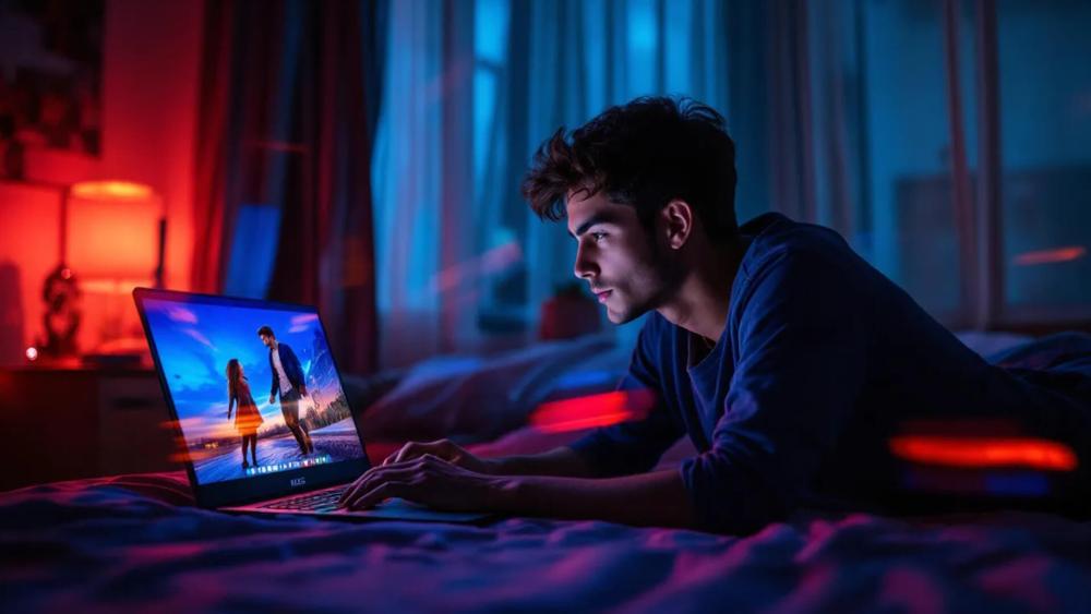 student watches a movie on his ASUS Vivobook 16 inch laptop at night.