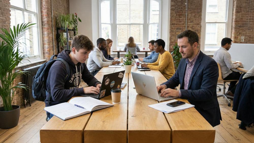Students and professionals working on laptops in shared office