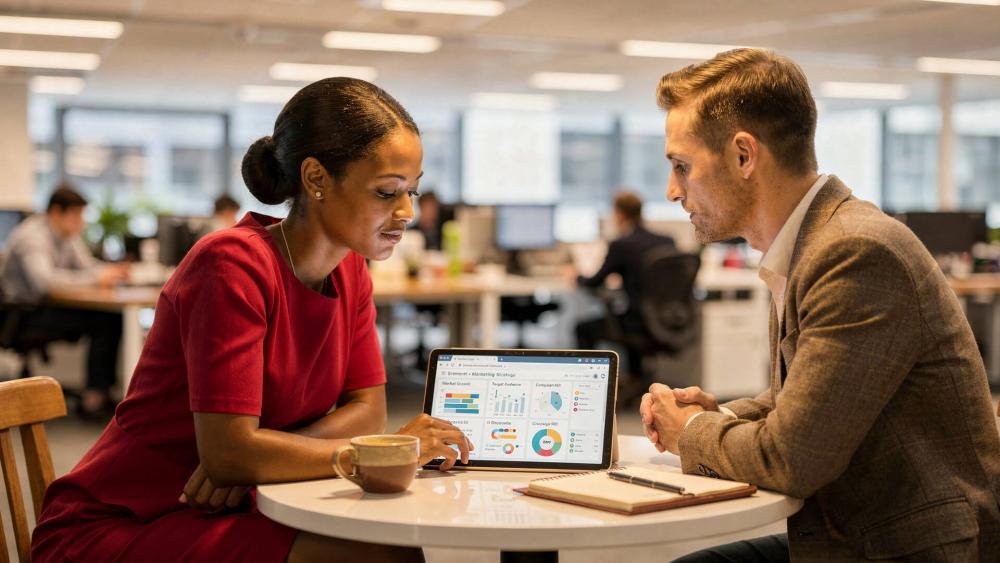 Two professionals reviewing business analytics and marketing data on a tablet during a meeting in a modern office.