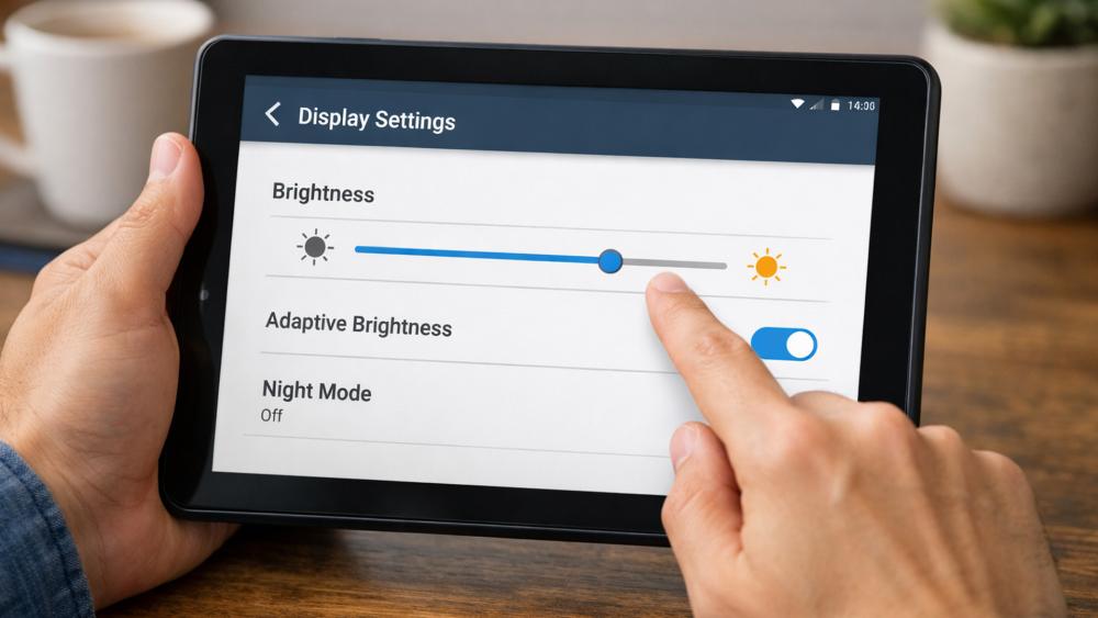 User adjusting display brightness settings on a tablet