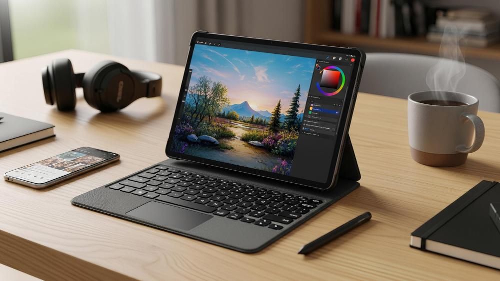 10" tablet with keyboard and stylus set up for productivity and creativity