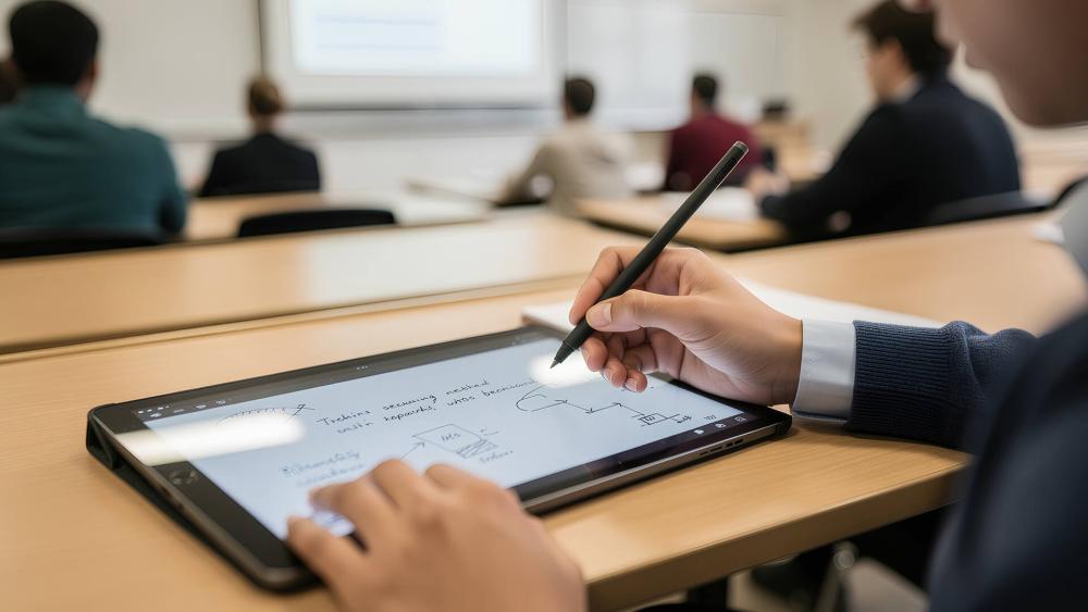 Student taking handwritten notes on tablet with stylus in lecture hall
