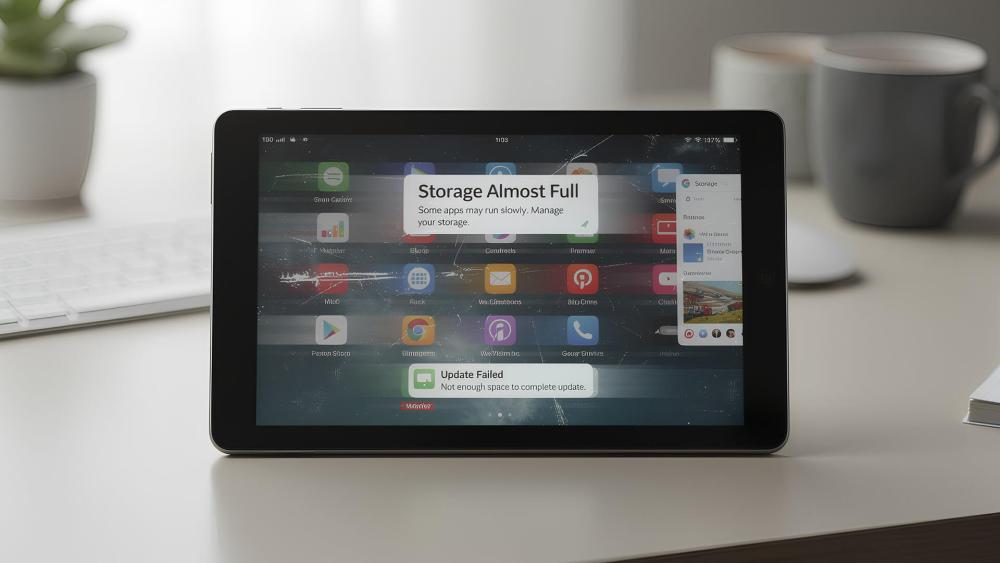 Tablet screen showing storage almost full warning and failed update message