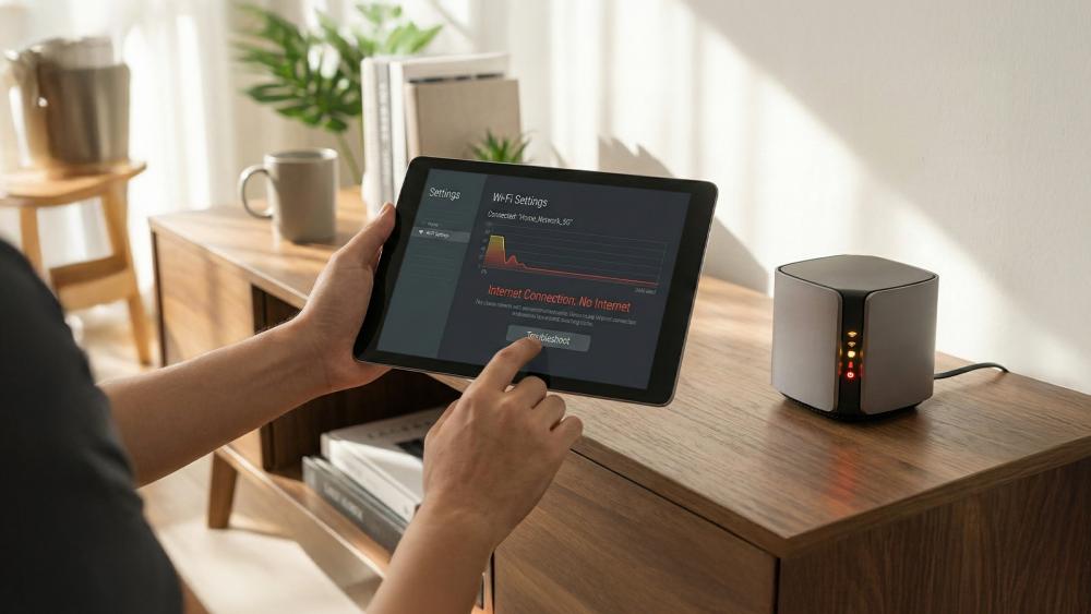 tablet displaying Wi-Fi connection error during home network troubleshooting