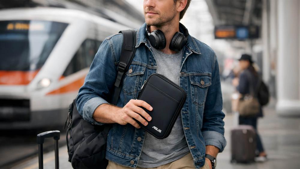 Traveller holding a tablet sleeve while waiting at a train station