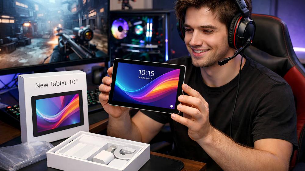Man unboxing a new 10-inch tablet after upgrading for speed
