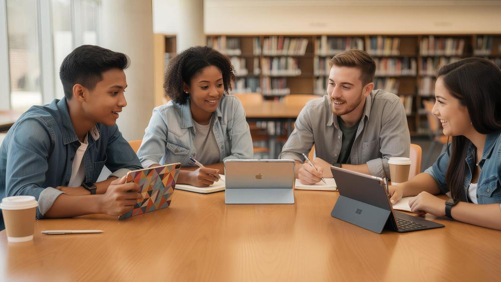 University students using tablets together during group study session