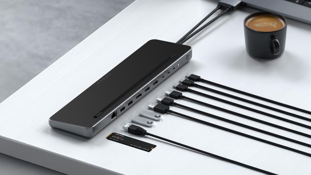 USB-C docking station with multiple ports and connected cables