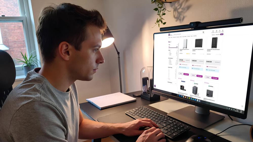 User browsing QNAP NAS models on a desktop computer