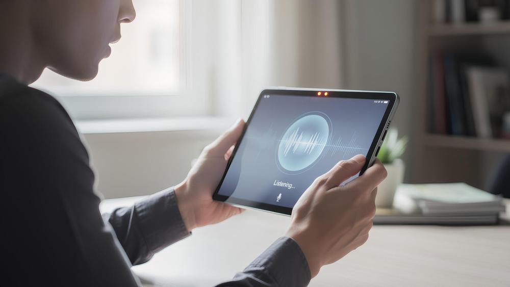 User activating voice control accessibility on a 10-inch tablet