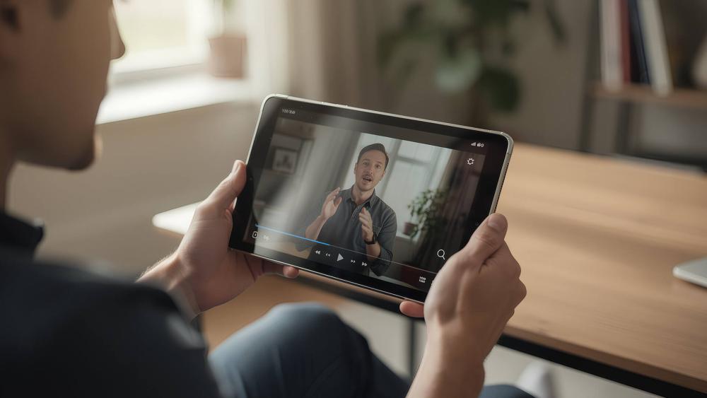 Person watching an online video on a 10-inch tablet at a home desk
