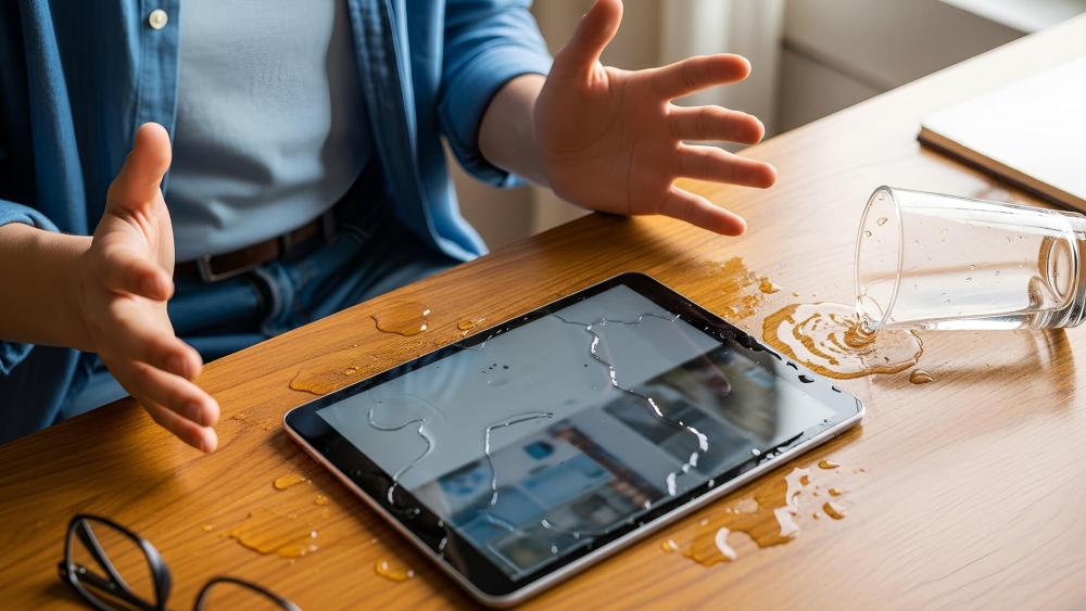 Water spilled across a 10-inch tablet lying on a wooden table