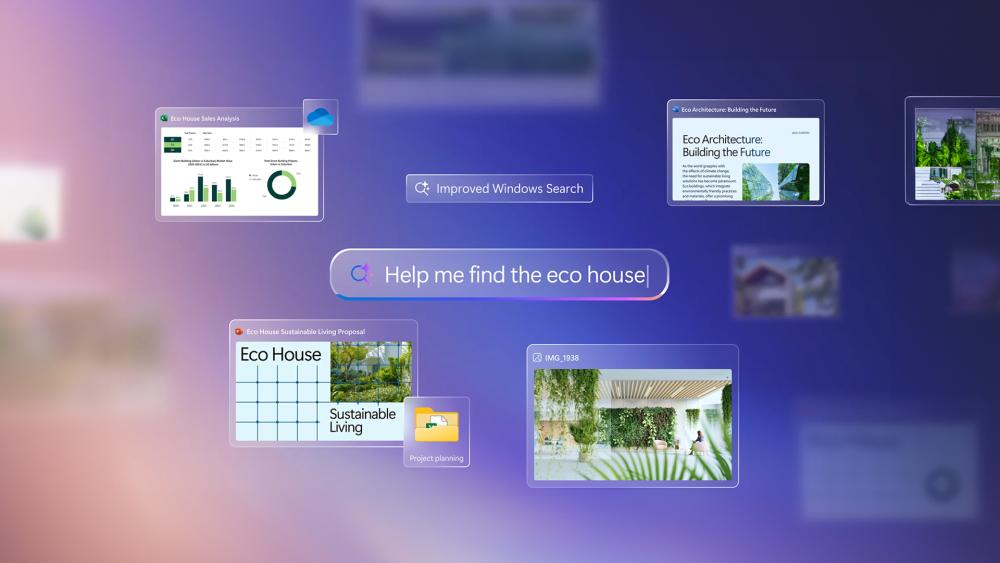 Windows AI Copilot interface showing productivity features and smart search tools