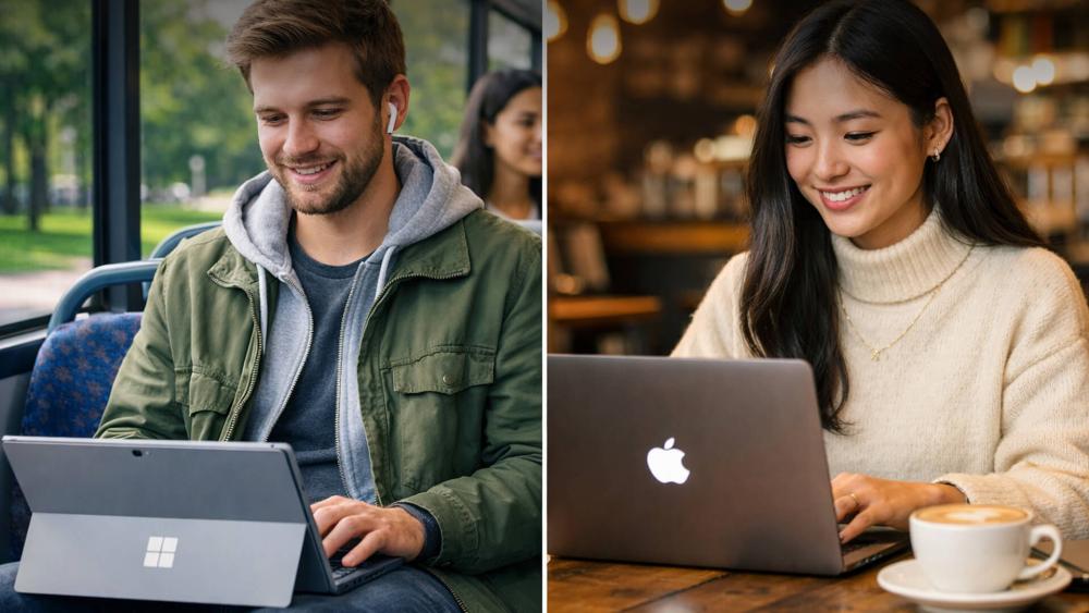 Windows laptop user working on a tablet device and MacBook user working in a café, comparing Windows vs MacBook user experience