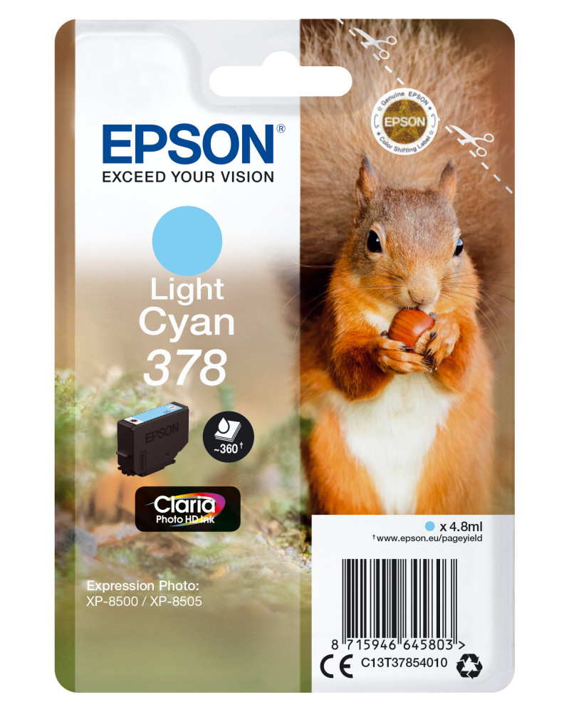 Epson Squirrel Singlepack Light Cyan 378 Claria Photo HD Ink cartridge in original packaging.
