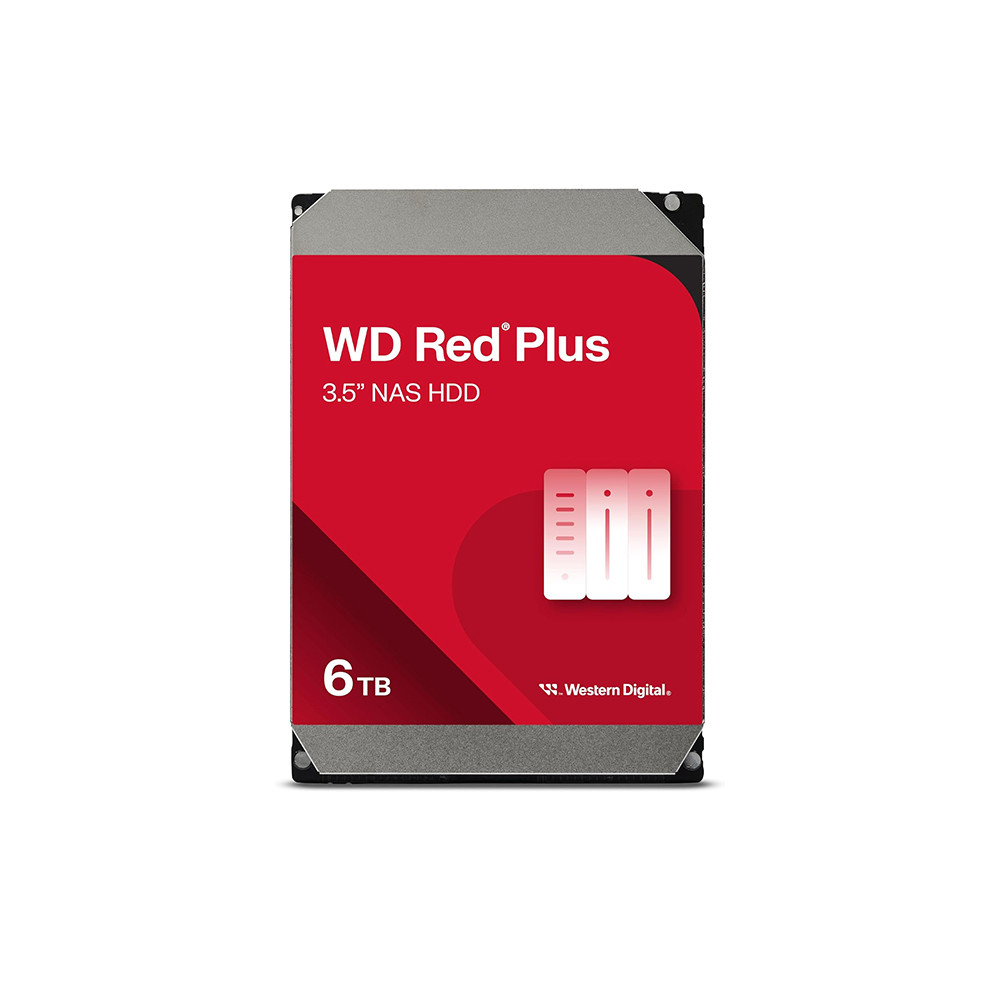 Western Digital 6TB Red Plus 3.5" SATA III hard drive with 5400RPM and 256MB cache.
