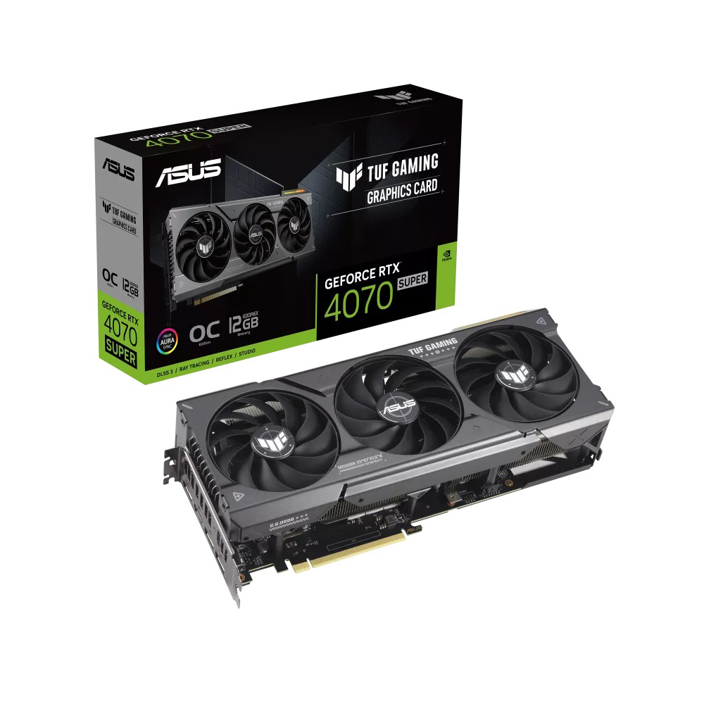 ASUS GeForce RTX 4070 SUPER TUF Gaming OC 12GB graphics card with advanced cooling for high-performance gaming
