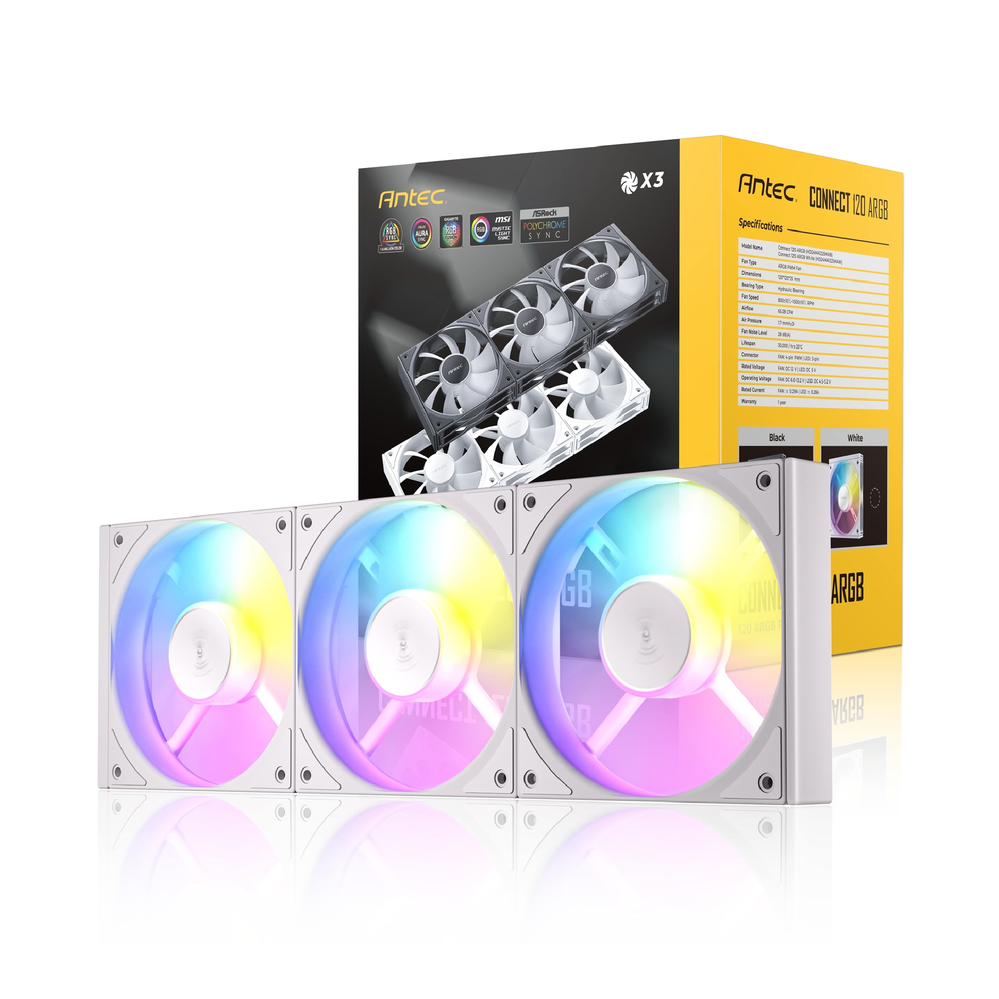 Antec Size 3 White Connect C120 120 Argb Hydraulic Bearing Computer Case Fan Pack