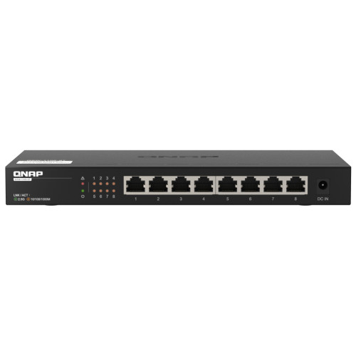 Qnap QSW-1108-8T with eight Gigabit Ethernet ports and 2.5 Gbit/s speed for reliable networking.
