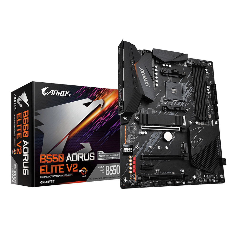 Gigabyte AMD Ryzen B550 AORUS ELITE V2 AM4 PCIe 4.0 ATX Motherboard with its packaging box