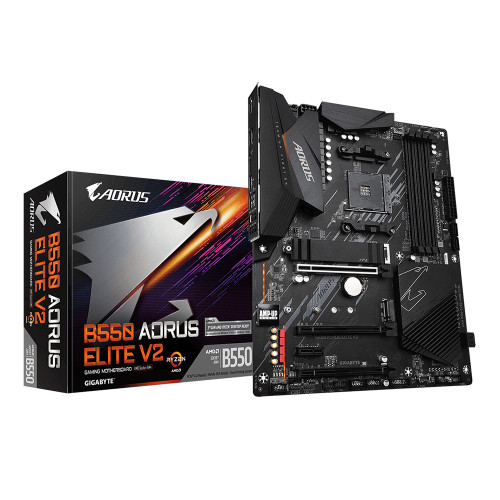 Gigabyte AMD Ryzen B550 AORUS ELITE V2 AM4 PCIe 4.0 ATX Motherboard with its packaging box