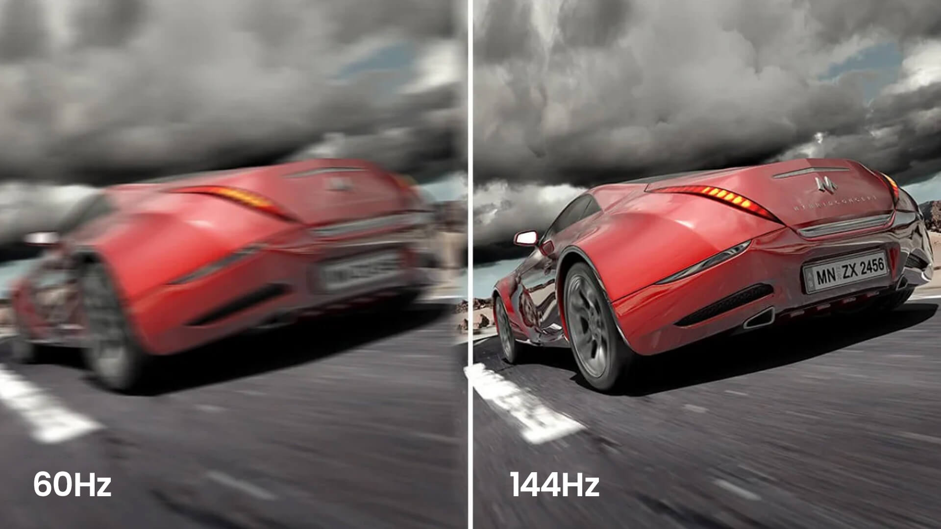 A side-by-side comparison of 60Hz vs 144Hz screens showing smoother motion in games