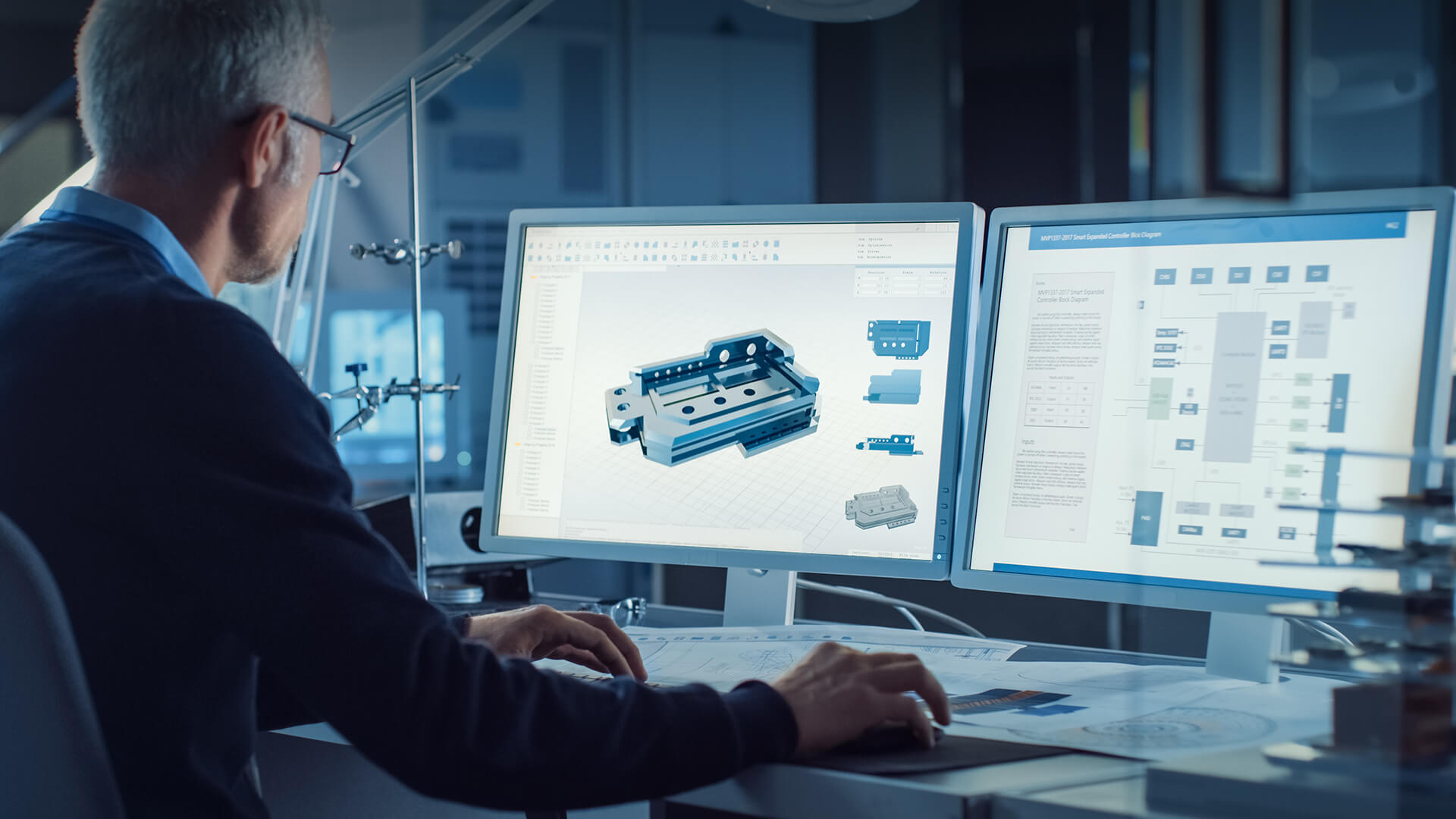 an old man is looking at the monitor while doing the work dedicatedly